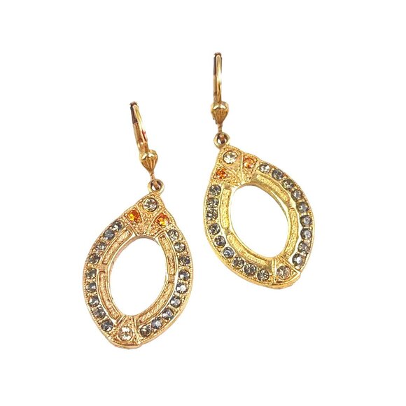 Vintage Gold Tone Dangling Earrings With Rhinestones & Oval Cutouts - 1.5" Long - Picture 2 of 6